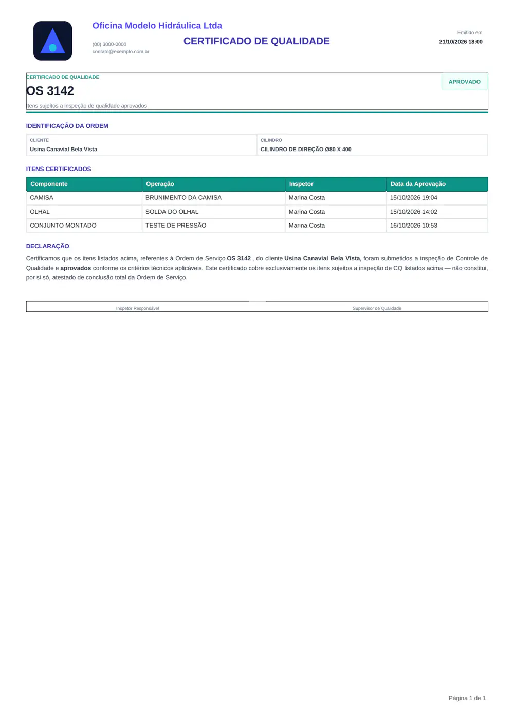 Certificado de Qualidade em PDF