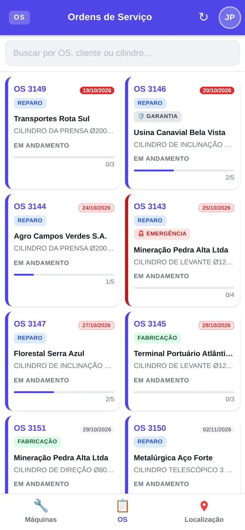 Lista de OS com prazo e progresso