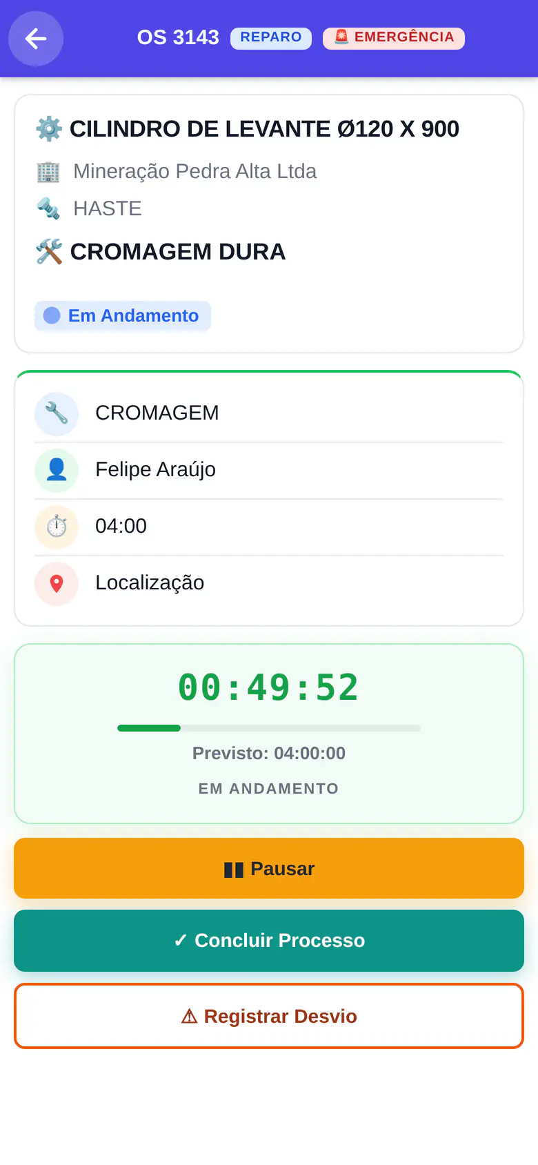 Processo em andamento com cronômetro, pausar e concluir