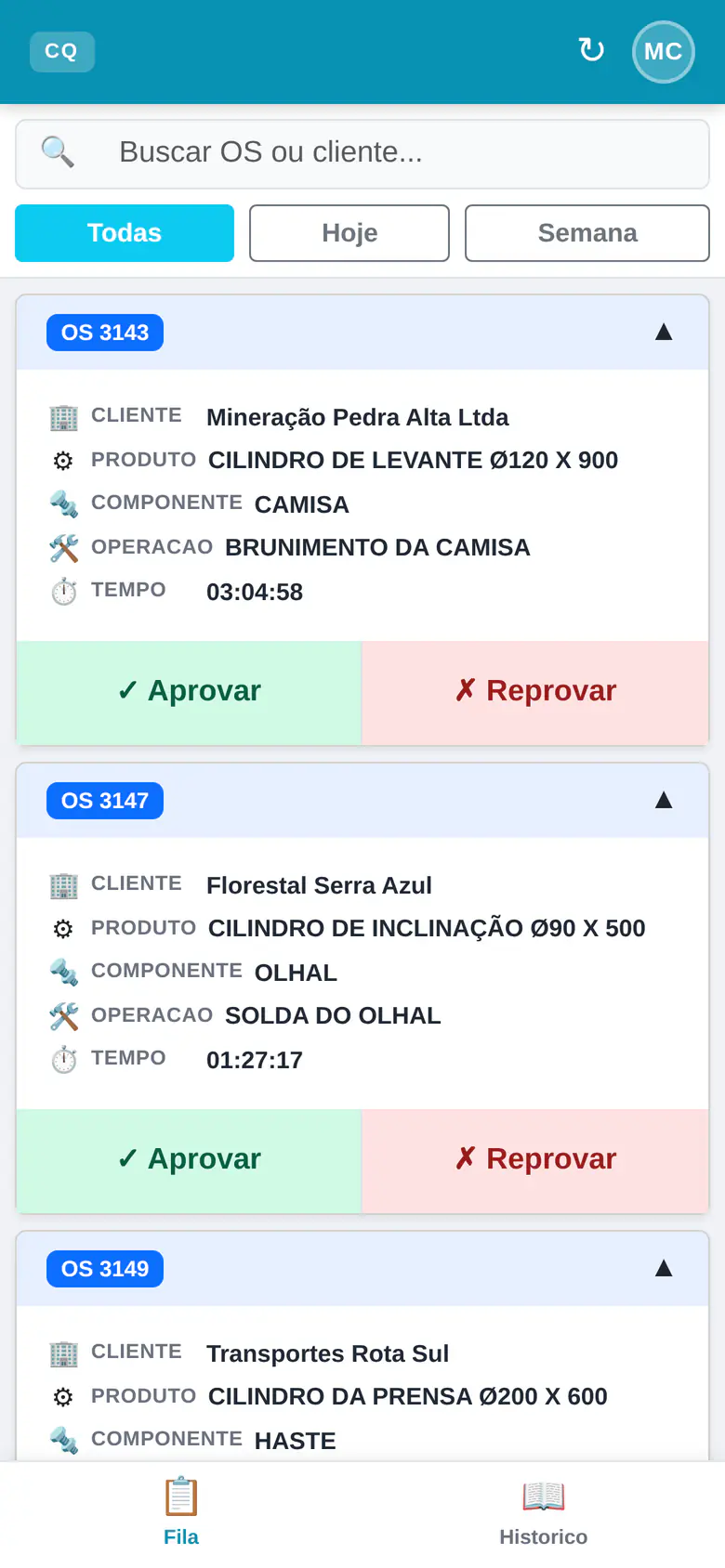 Fila de inspeção no celular, com aprovar ou reprovar